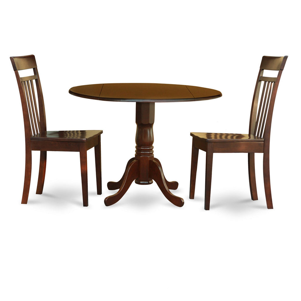 East West Furniture DLCA3-MAH-W 3 Piece Kitchen Table Set for Small Spaces Contains a Round Dining Room Table with Dropleaf and 2 Dining Chairs