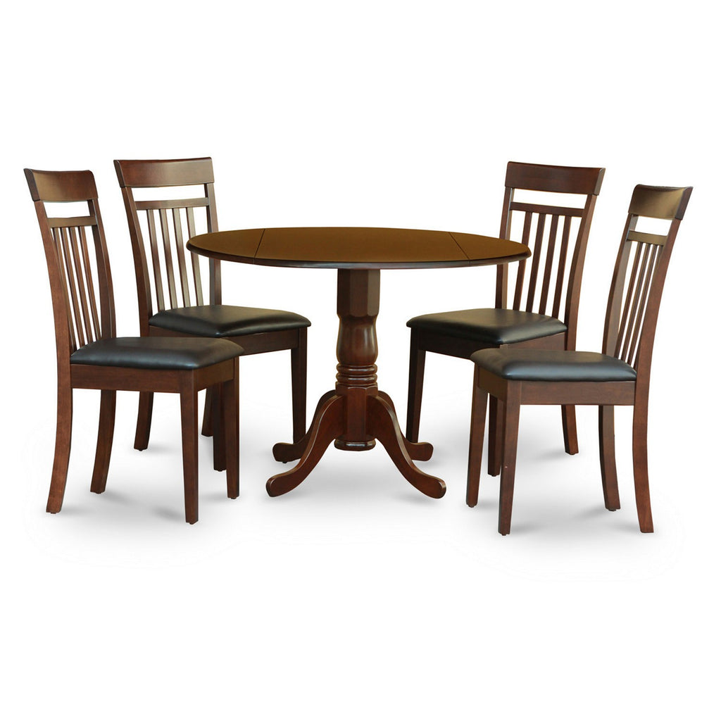 El juego de comedor de 5 piezas East West Furniture DLCA5-MAH-LC incluye una mesa de cocina redonda con alas abatibles y 4 sillas de comedor tapizadas en piel sintética.