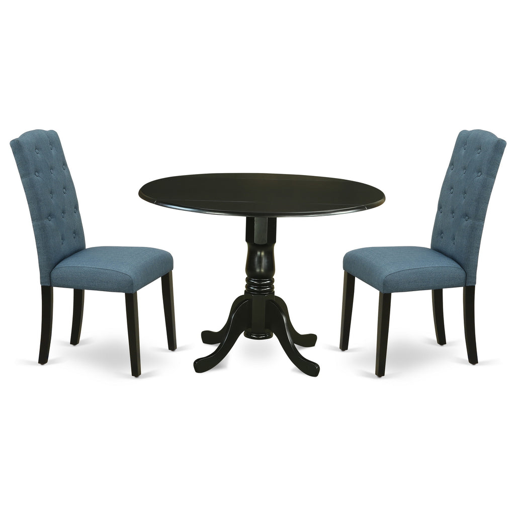 El juego de mesa de comedor de 3 piezas DLCE3-BLK-21 de East West Furniture incluye una mesa de comedor redonda con alas abatibles y dos sillas tapizadas en tela de lino azul mineral.