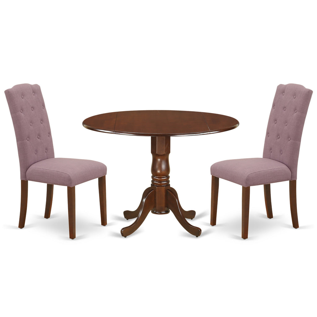 East West Furniture DLCE3-MAH-10 3 Piece Dinette Set for Small Spaces Contains a Round Dining Table with Dropleaf and 2 Dahlia Linen Fabric Parsons Dining Chairs, 42x42 Inch, Mahogany