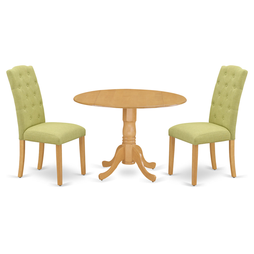 East West Furniture DLCE3-OAK-07 3 Piece Dining Set Contains a Round Dining Room Table with Dropleaf and 2 Limelight Linen Fabric Upholstered Parson Chairs, 42x42 Inch, Oak