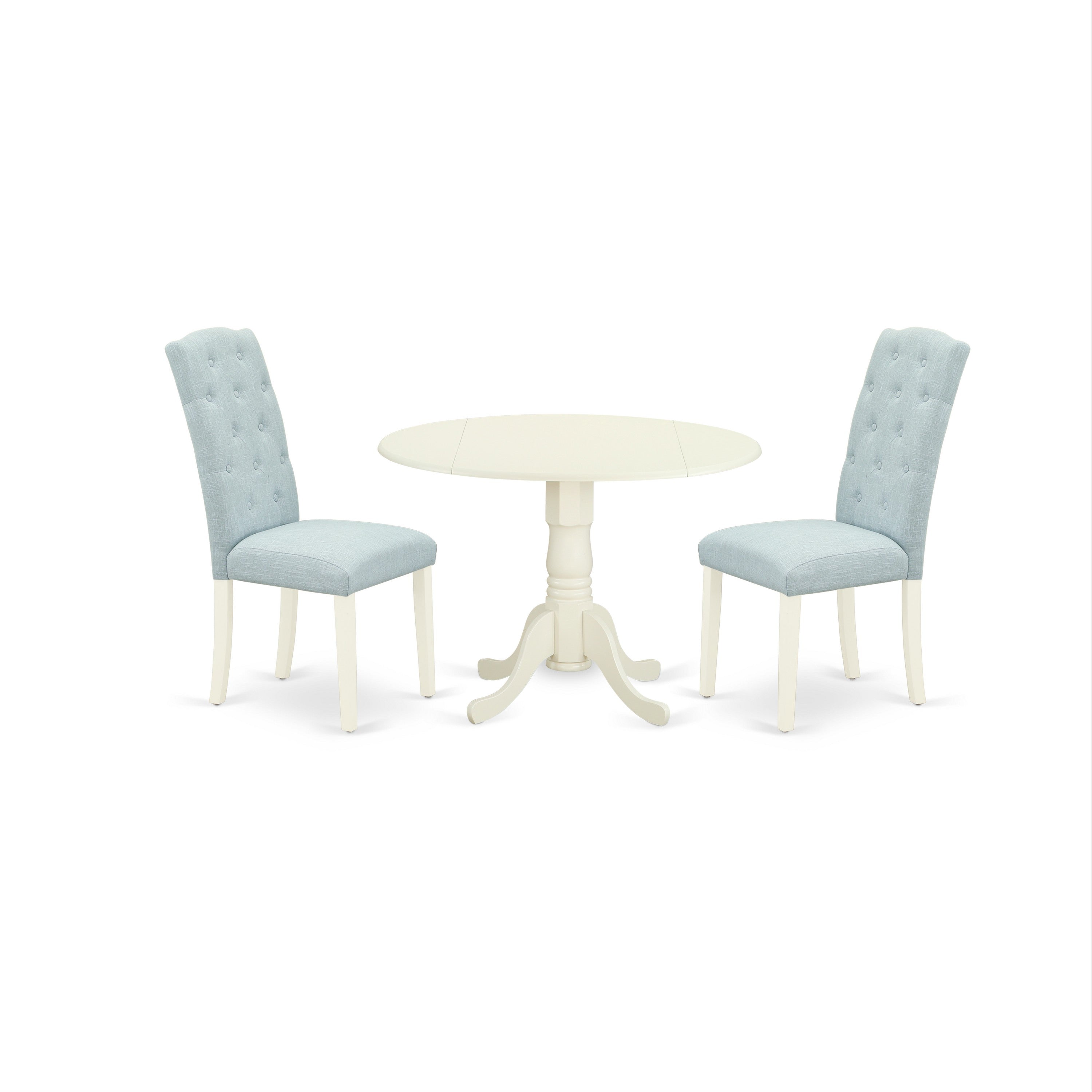 DLCE3-WHI-15 3Pc Dinette Set Includes a Small Rounded Kitchen Table with Drop Leaves and Two Parson Chairs with Baby Blue Fabric, White Finish