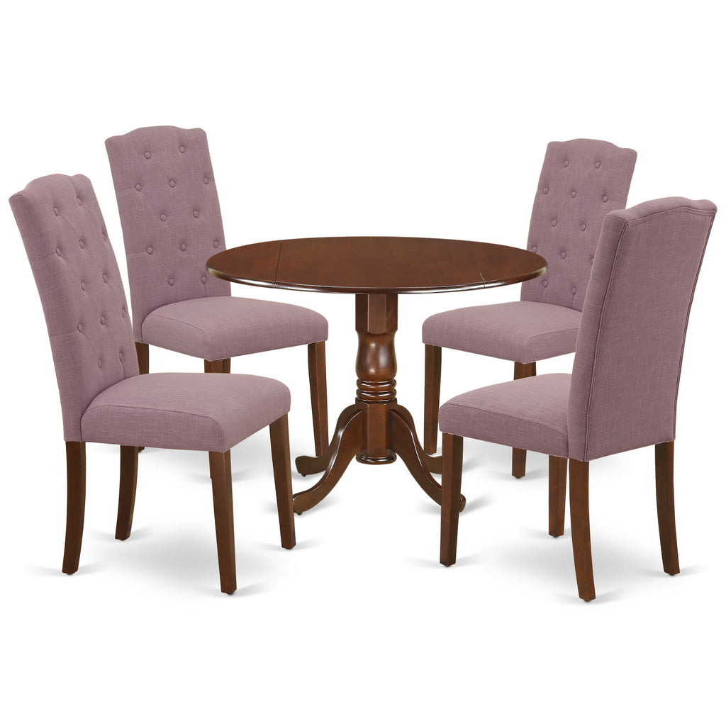 East West Furniture DLCE5-MAH-10 5 Piece Dining Room Table Set Includes a Round Kitchen Table with Dropleaf and 4 Dahlia Linen Fabric Parson Dining Chairs