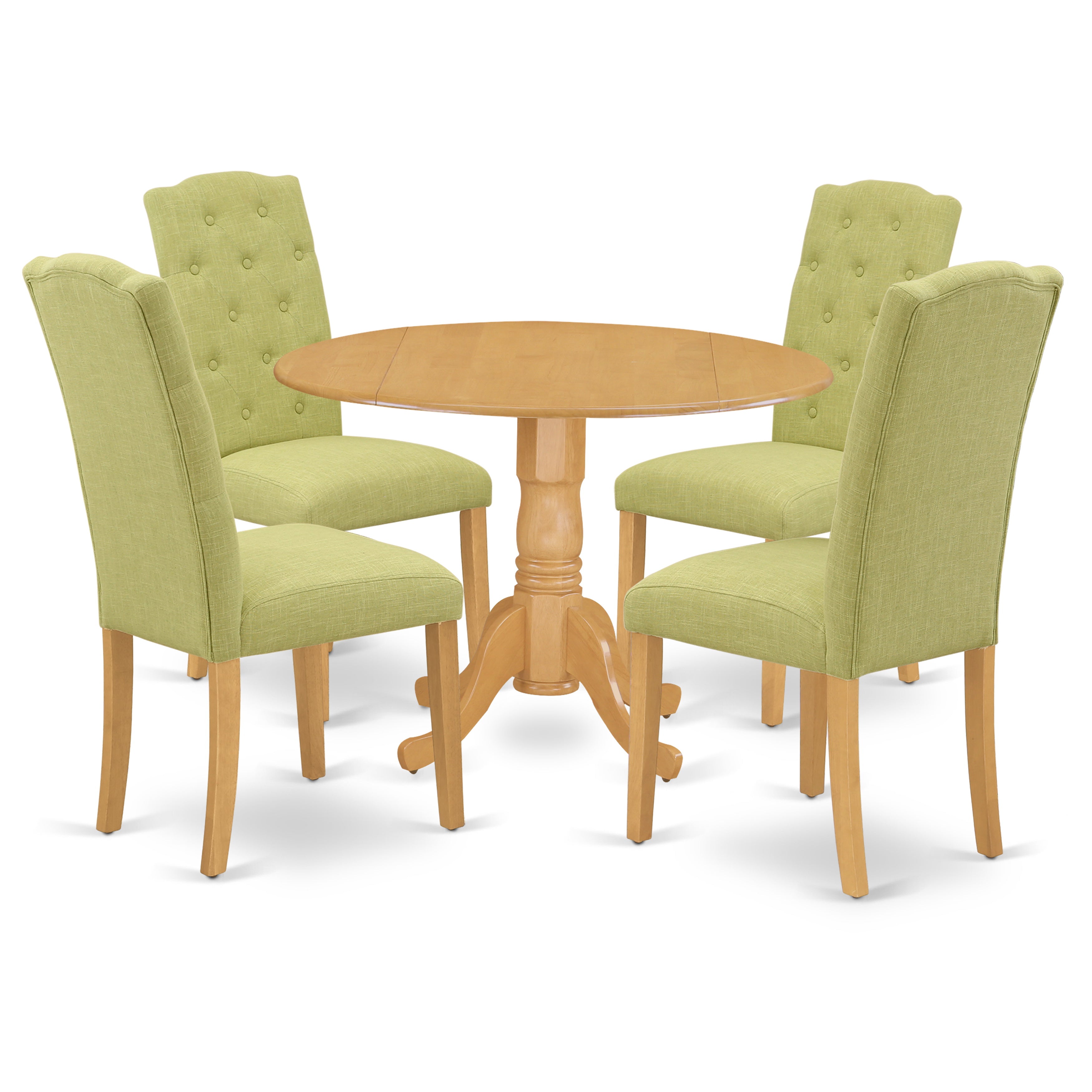 Juego de mesa de comedor de 5 piezas para 4 personas East West Furniture DLCE5-OAK-07. Incluye una mesa de cocina redonda con alas abatibles y 4 sillas de comedor Parson de tela de lino Limelight.