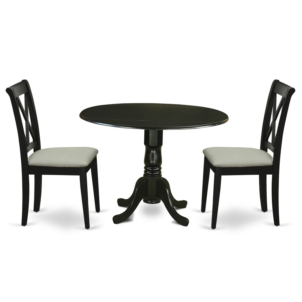 Juego de mesa de comedor moderna de 3 piezas DLCL3-BLK-C de East West Furniture. Contiene una mesa redonda de madera con alas abatibles y 2 sillas de comedor tapizadas en tela de lino.
