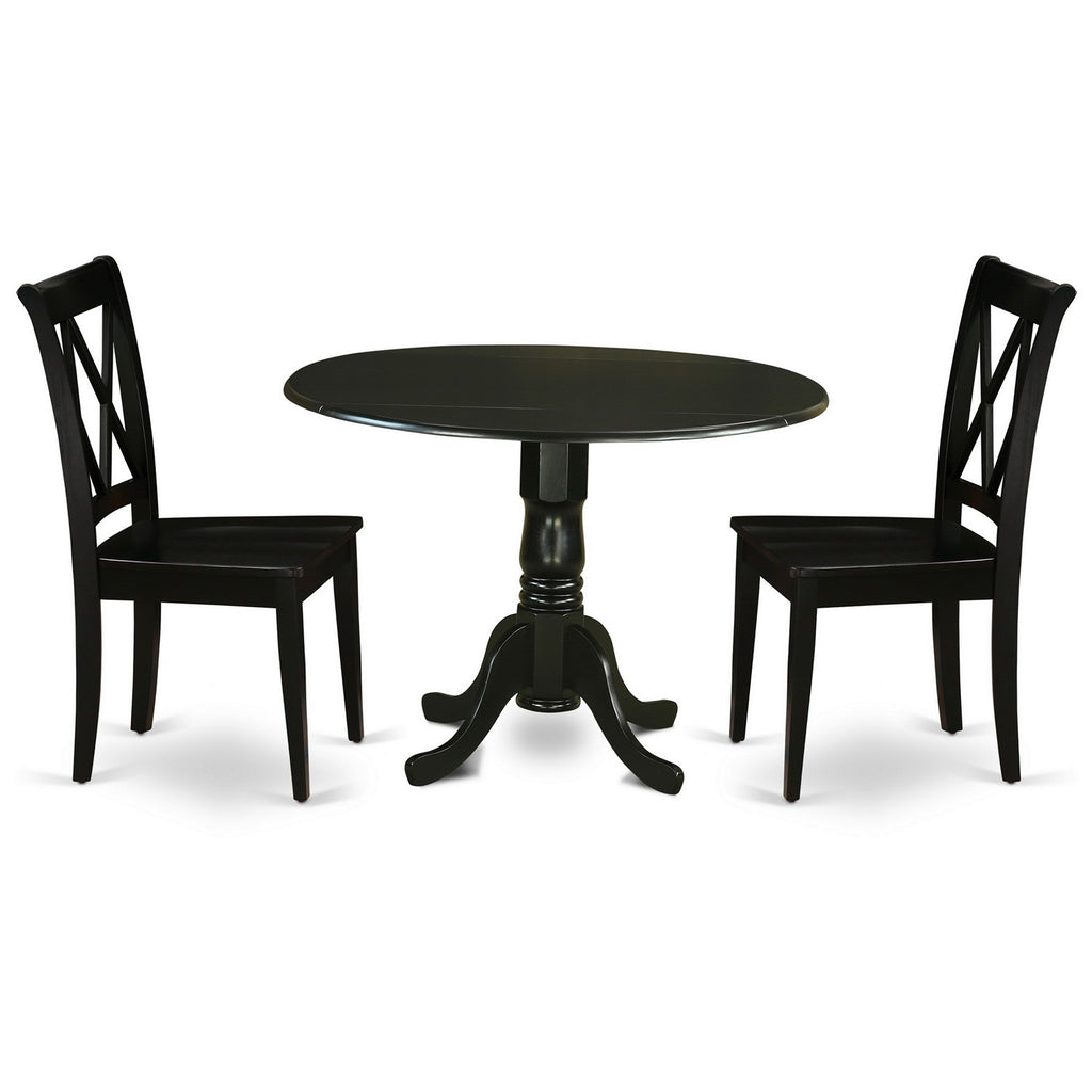 Juego de mesa de cocina de 3 piezas East West Furniture DLCL3-BLK-W para espacios pequeños. Incluye una mesa de comedor redonda con alas abatibles y dos sillas con asiento de madera maciza.