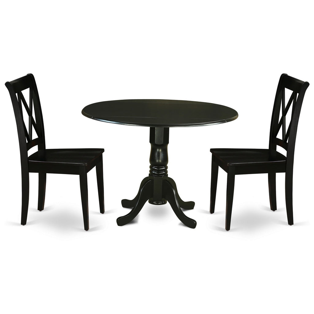 East West Furniture DLCL3-BLK-W 3 Piece Kitchen Table Set for Small Spaces Contains a Round Dining Room Table with Dropleaf and 2 Solid Wood Seat Chairs, 42x42 Inch, Black