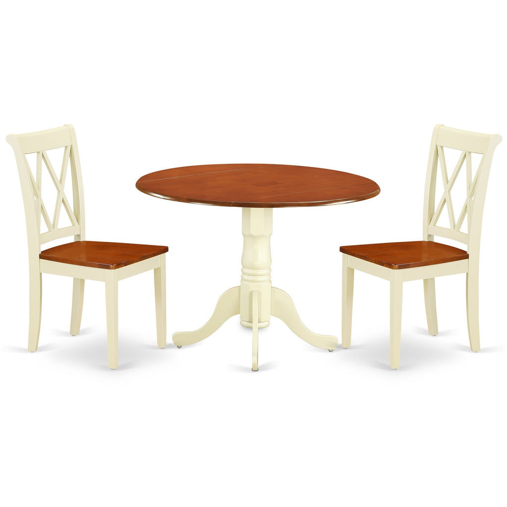 Juego de comedor de 3 piezas East West Furniture DLCL3-BMK-W para espacios pequeños. Contiene una mesa de comedor redonda con alas abatibles y 2 sillas de comedor.