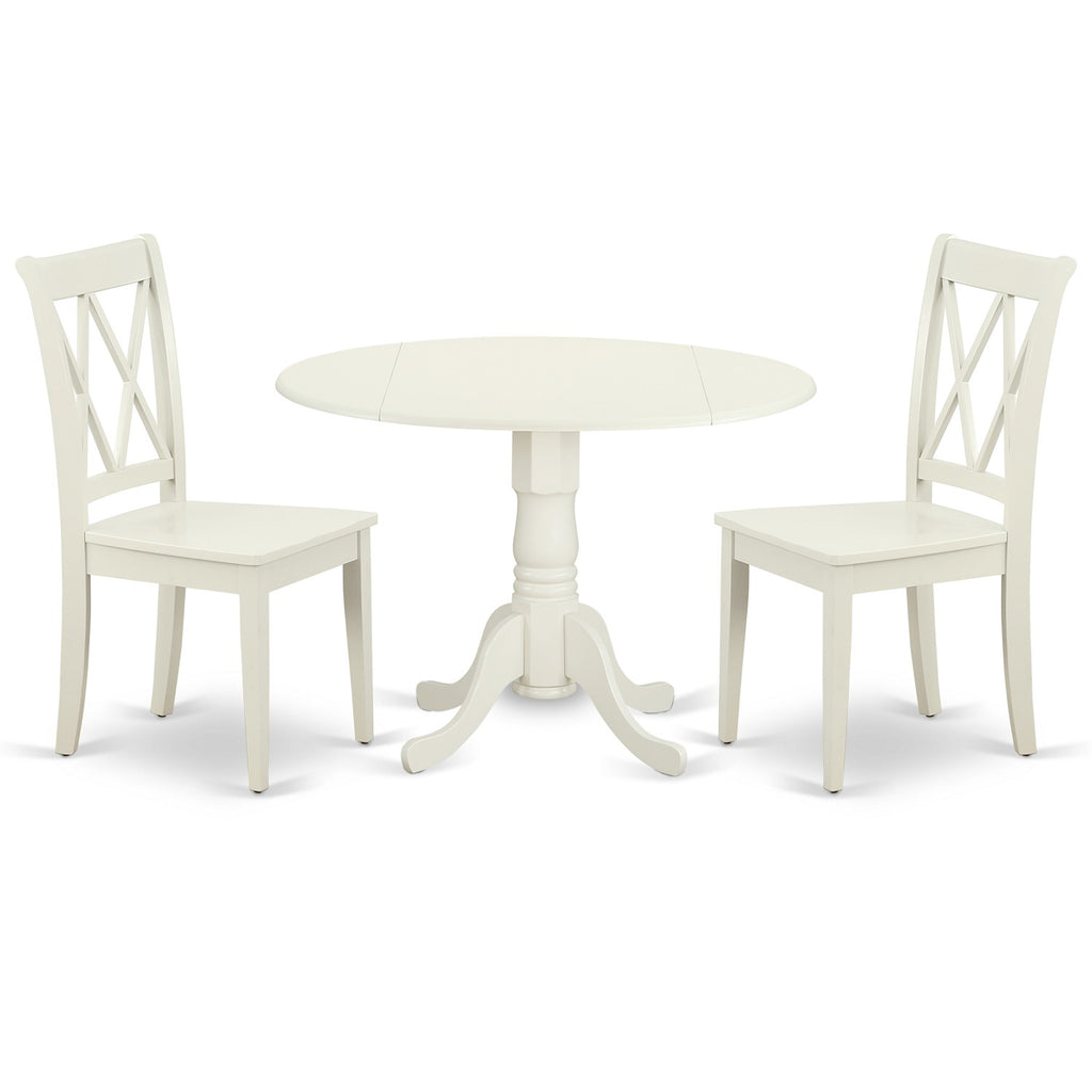 East West Furniture DLCL3-LWH-W 3 Piece Dining Room Table Set  Contains a Round Dining Table with Dropleaf and 2 Wood Seat Chairs