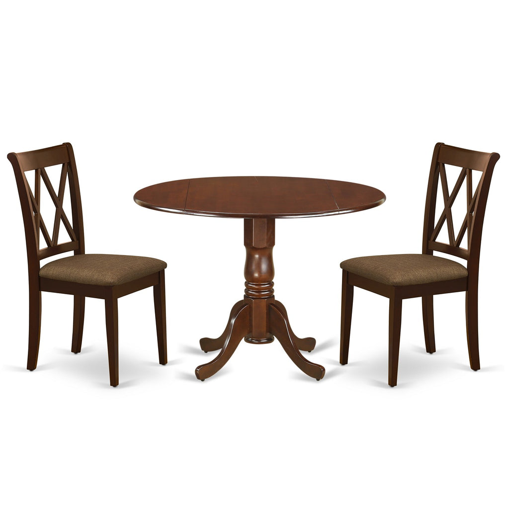 East West Furniture DLCL3-MAH-C 3 Piece Dining Table Set for Small Spaces Contains a Round Dining Room Table with Dropleaf and 2 Linen Fabric Upholstered Chairs, 42x42 Inch, Mahogany