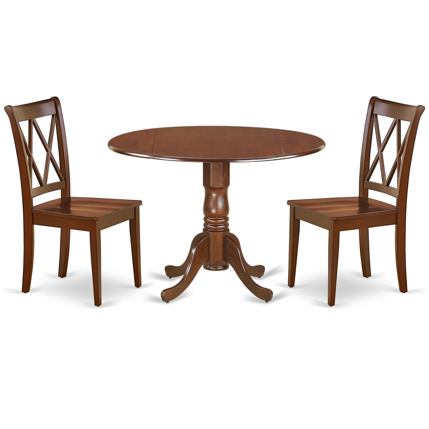 Juego de mesa de comedor de 3 piezas East West Furniture DLCL3-MAH-W para espacios pequeños. Contiene una mesa de comedor redonda con alas abatibles y 2 sillas con asiento de madera.
