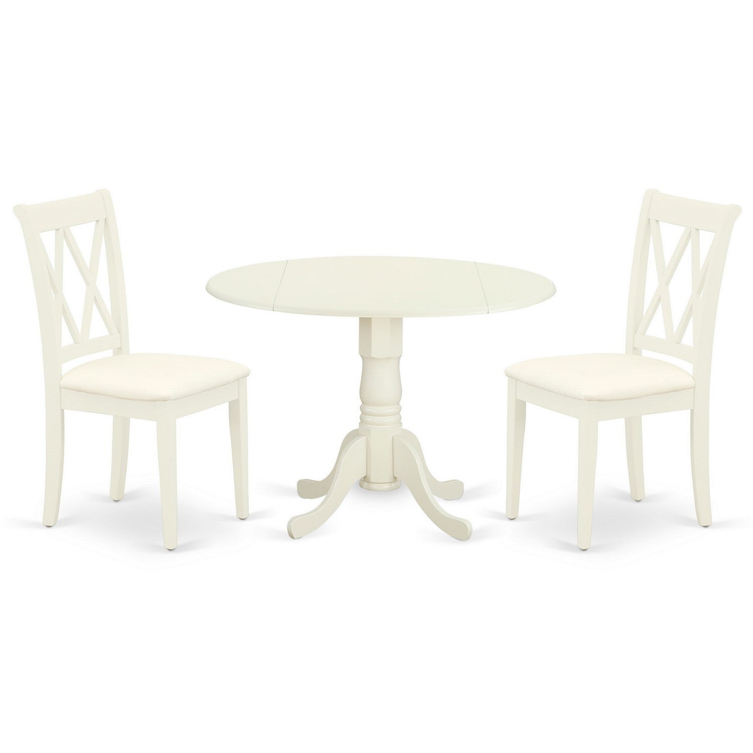 DLCL3-WHI-C 3Pc Dinette Set Includes a Rounded Kitchen Table with Drop Leaves and Two Double X Back Linen Seat Dining Chairs, White Finish