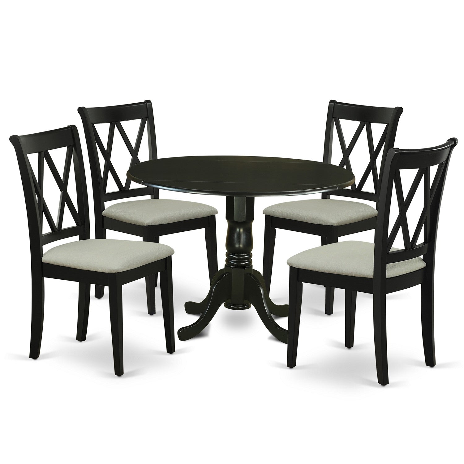 El juego de mesa de comedor de 5 piezas DLCL5-BLK-C de East West Furniture incluye una mesa de comedor redonda con alas abatibles y 4 sillas tapizadas en tela de lino.