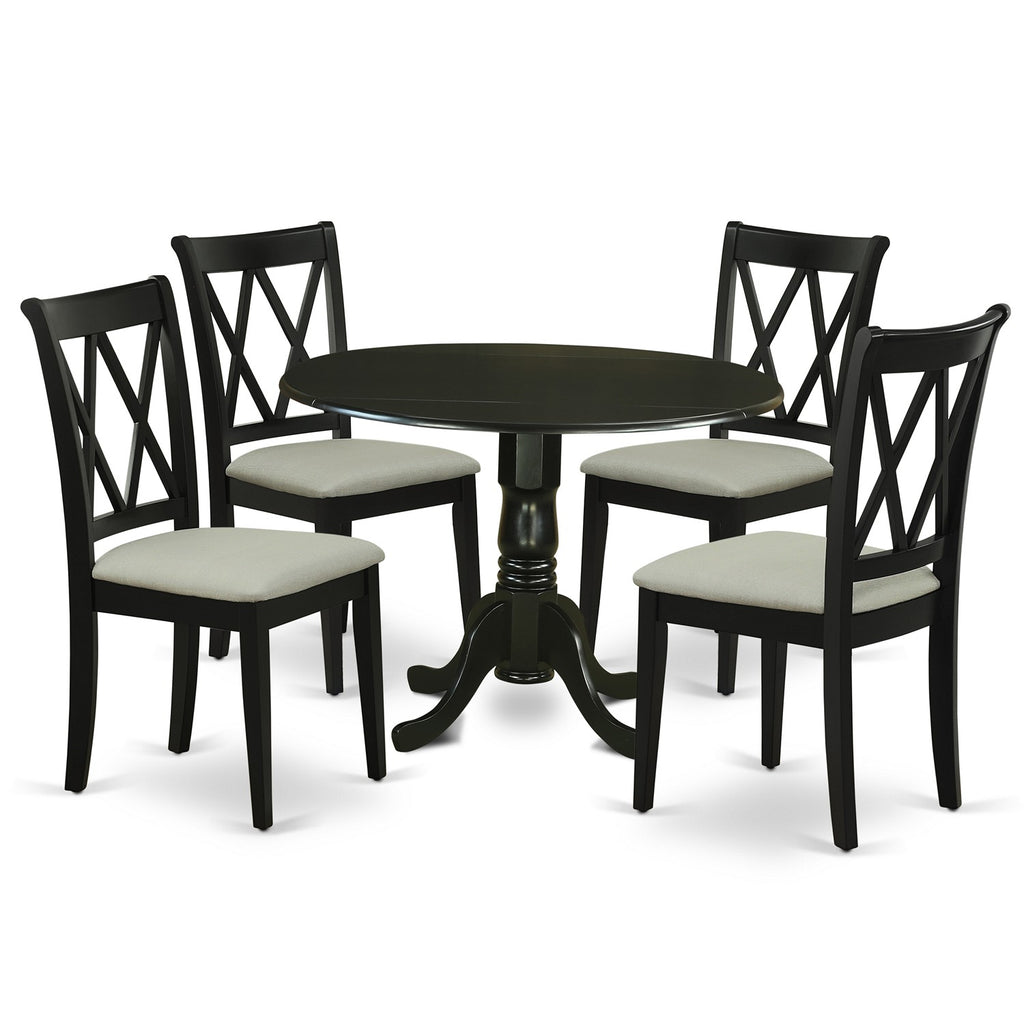 East West Furniture DLCL5-BLK-C 5 Piece Dining Room Table Set Includes a Round Dining Table with Dropleaf and 4 Linen Fabric Upholstered Chairs