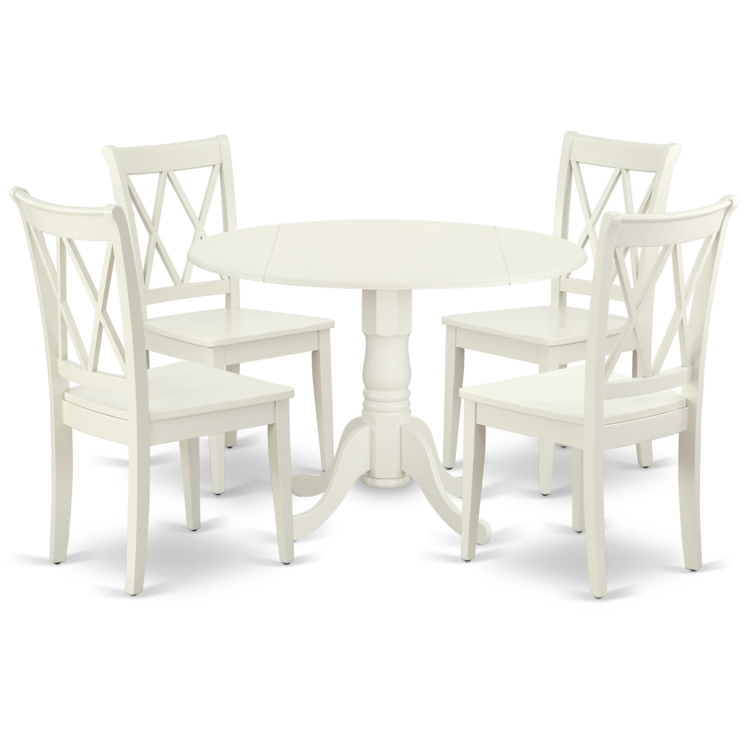 El juego de comedor de 5 piezas DLCL5-LWH-W de East West Furniture incluye una mesa de comedor redonda con alas abatibles y 4 sillas con asiento de madera.