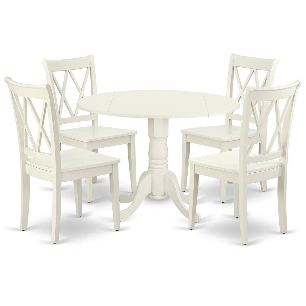 East West Furniture DLCL5-LWH-W 5 Piece Dining Set Includes a Round Dining Room Table with Dropleaf and 4 Wood Seat Chairs, 42x42 Inch, Linen White