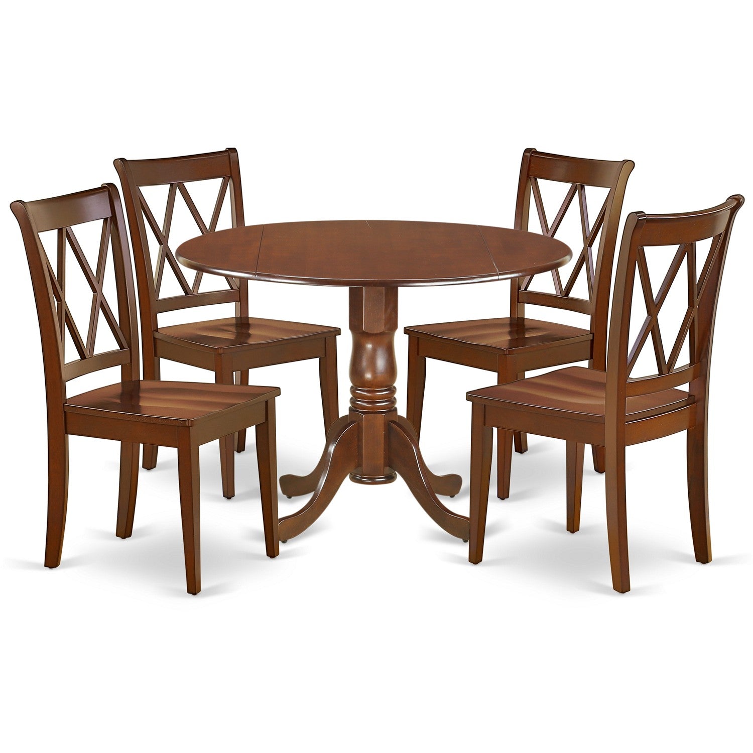 DLCL5-MAH-W 5PC Round 42 inch Table with Two 9-Inch Drop Leaves and 4 Double X back Chairs