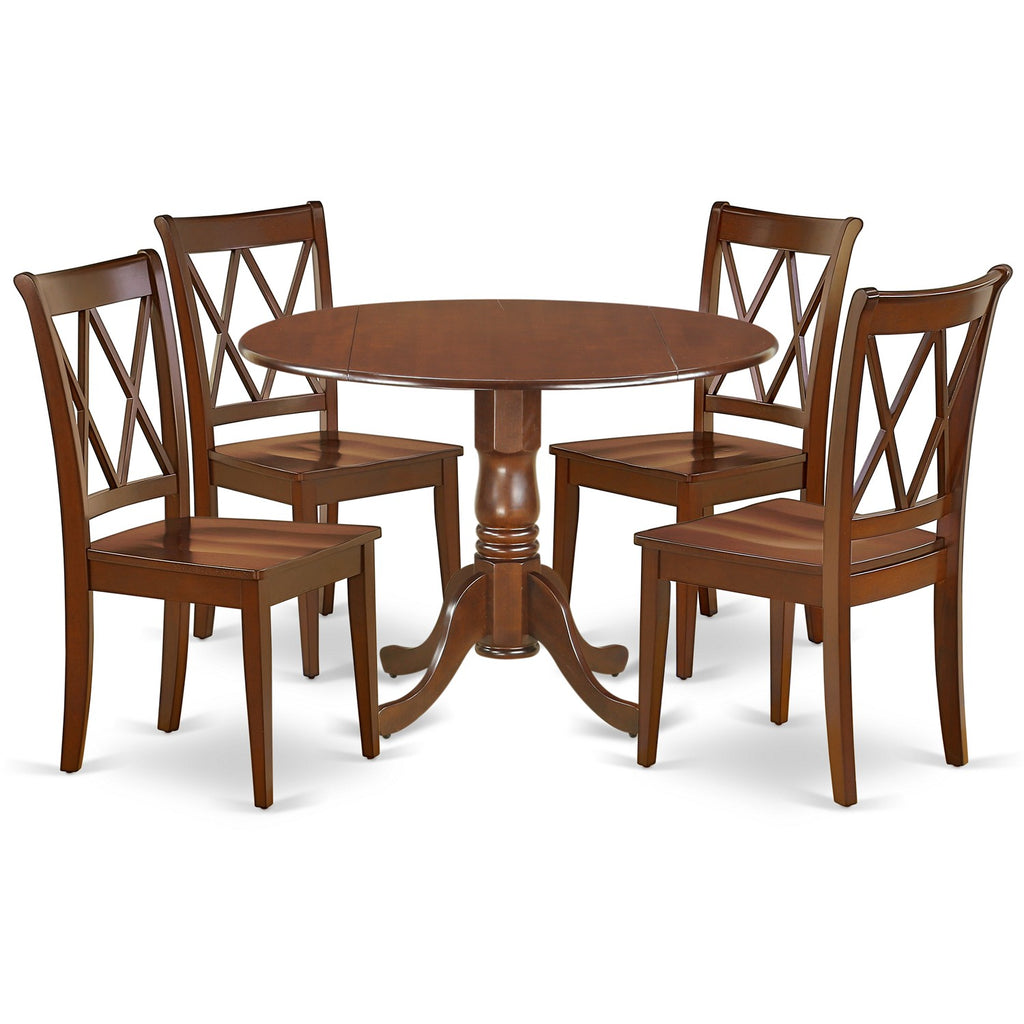 East West Furniture DLCL5-MAH-W 5 Piece Dining Room Table Set Includes a Round Dining Table with Dropleaf and 4 Wood Seat Chairs