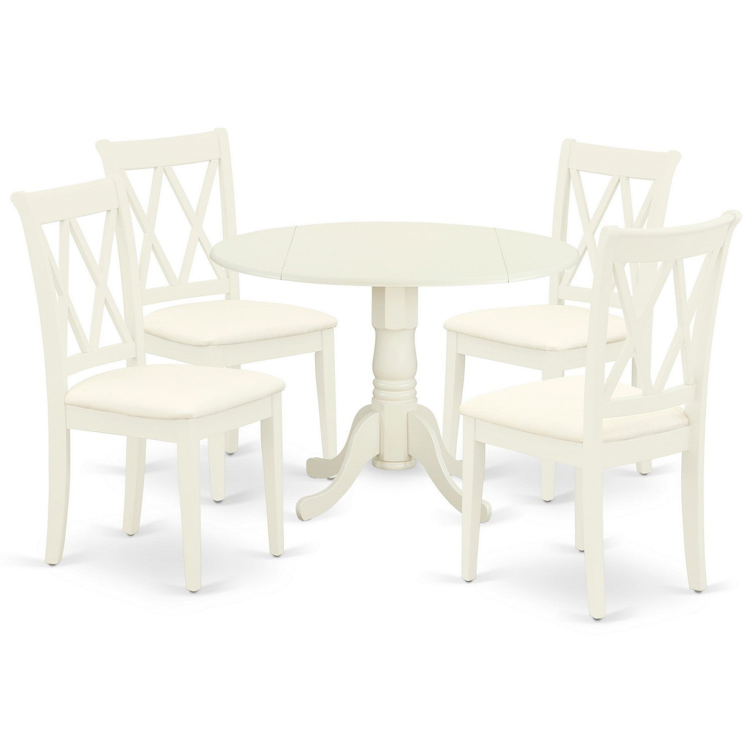 El juego de mesa de comedor de 5 piezas DLCL5-WHI-C de East West Furniture incluye una mesa de comedor redonda con alas abatibles y 4 sillas tapizadas en tela de lino.