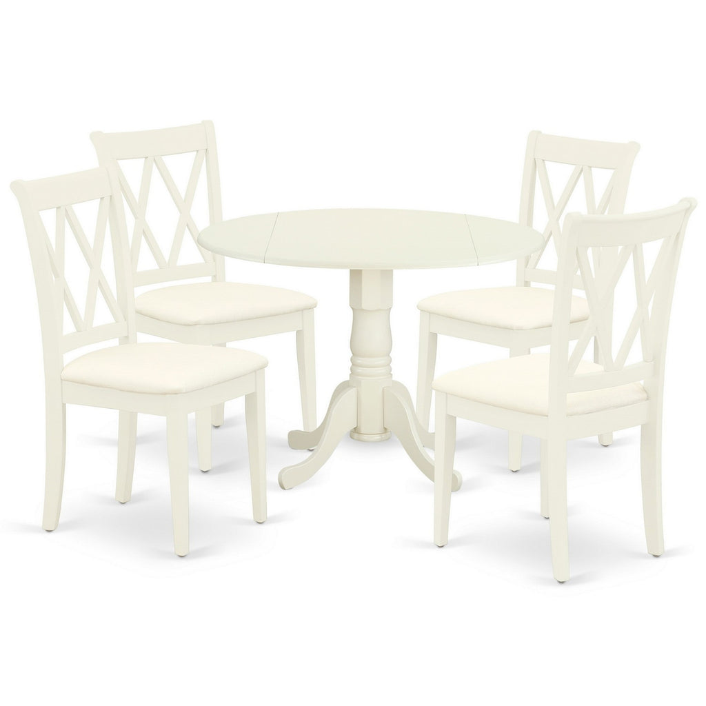 East West Furniture DLCL5-WHI-C 5 Piece Dining Room Table Set Includes a Round Dining Table with Dropleaf and 4 Linen Fabric Upholstered Chairs