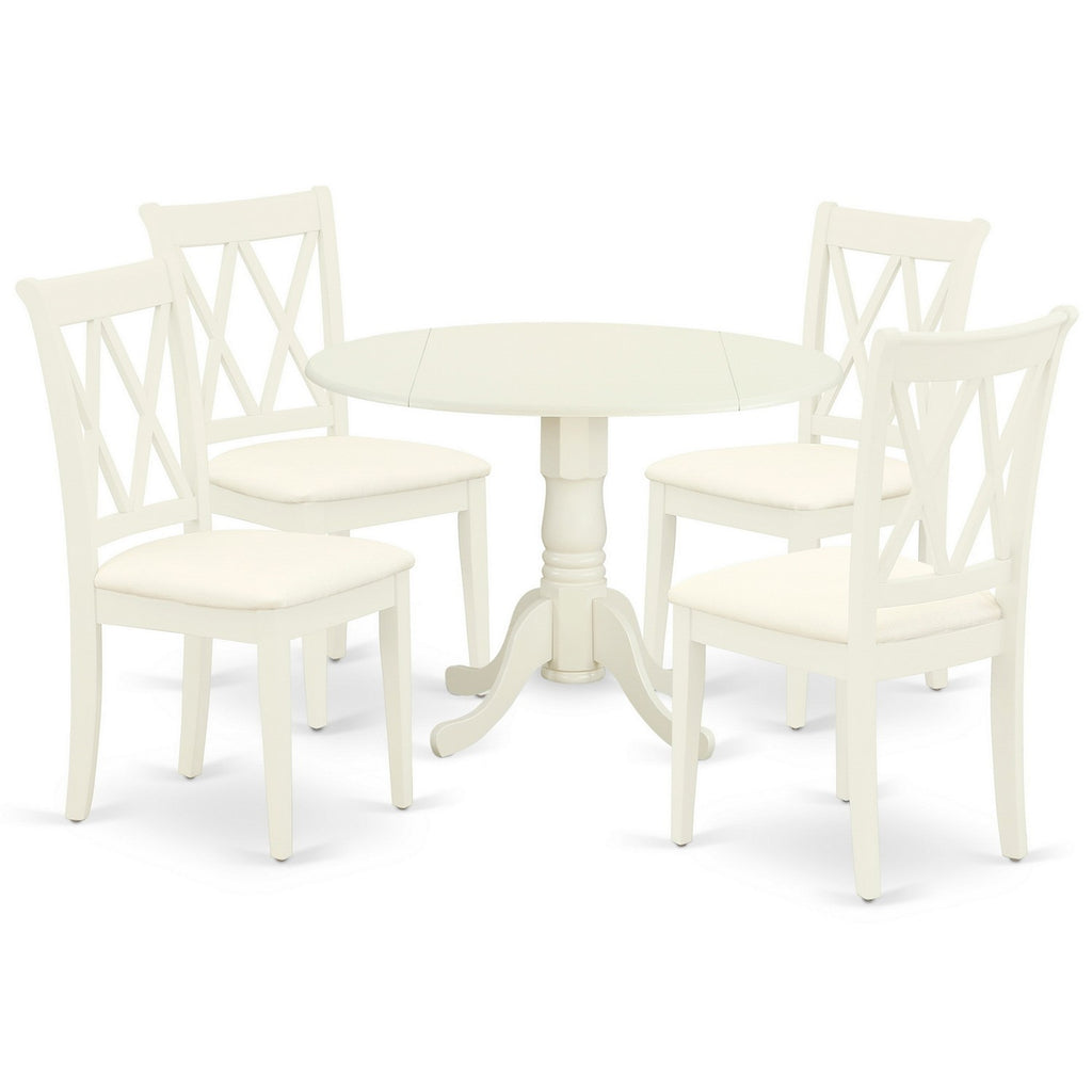 East West Furniture DLCL5-WHI-C 5 Piece Dining Room Table Set Includes a Round Dining Table with Dropleaf and 4 Linen Fabric Upholstered Chairs, 42x42 Inch, Linen White