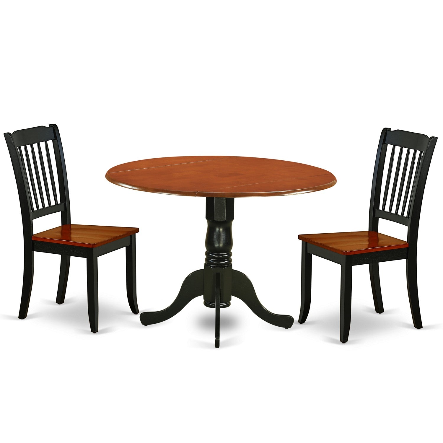 Juego de mesa de comedor de 3 piezas DLDA3-BCH-W de East West Furniture. Contiene una mesa de cocina redonda con alas abatibles y 2 sillas de comedor.