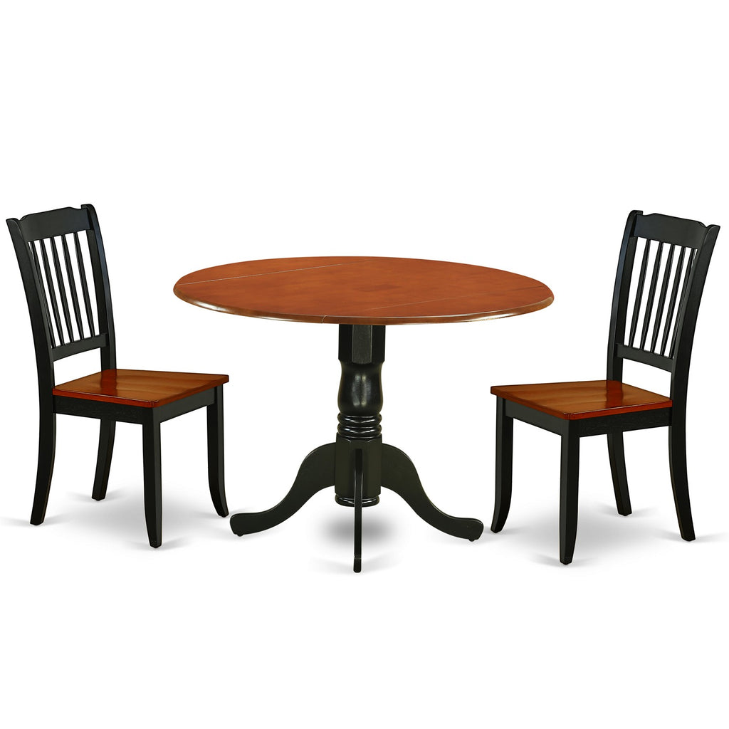 Juego de mesa de comedor de 3 piezas DLDA3-BCH-W de East West Furniture. Contiene una mesa de cocina redonda con alas abatibles y 2 sillas de comedor.