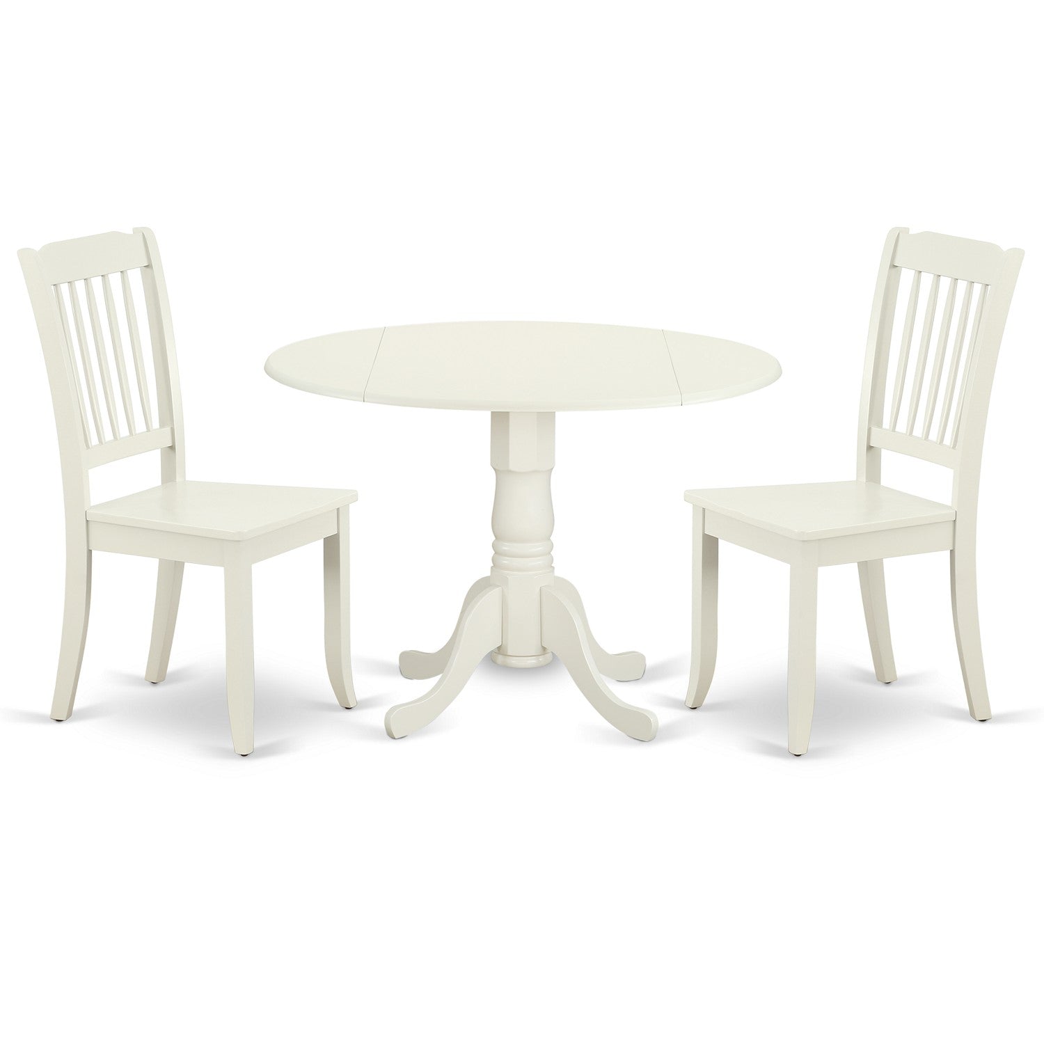 Juego de mesa y sillas de cocina de 3 piezas DLDA3-LWH-W de East West Furniture. Incluye una mesa de comedor redonda con alas abatibles y 2 sillas con asiento de madera maciza.