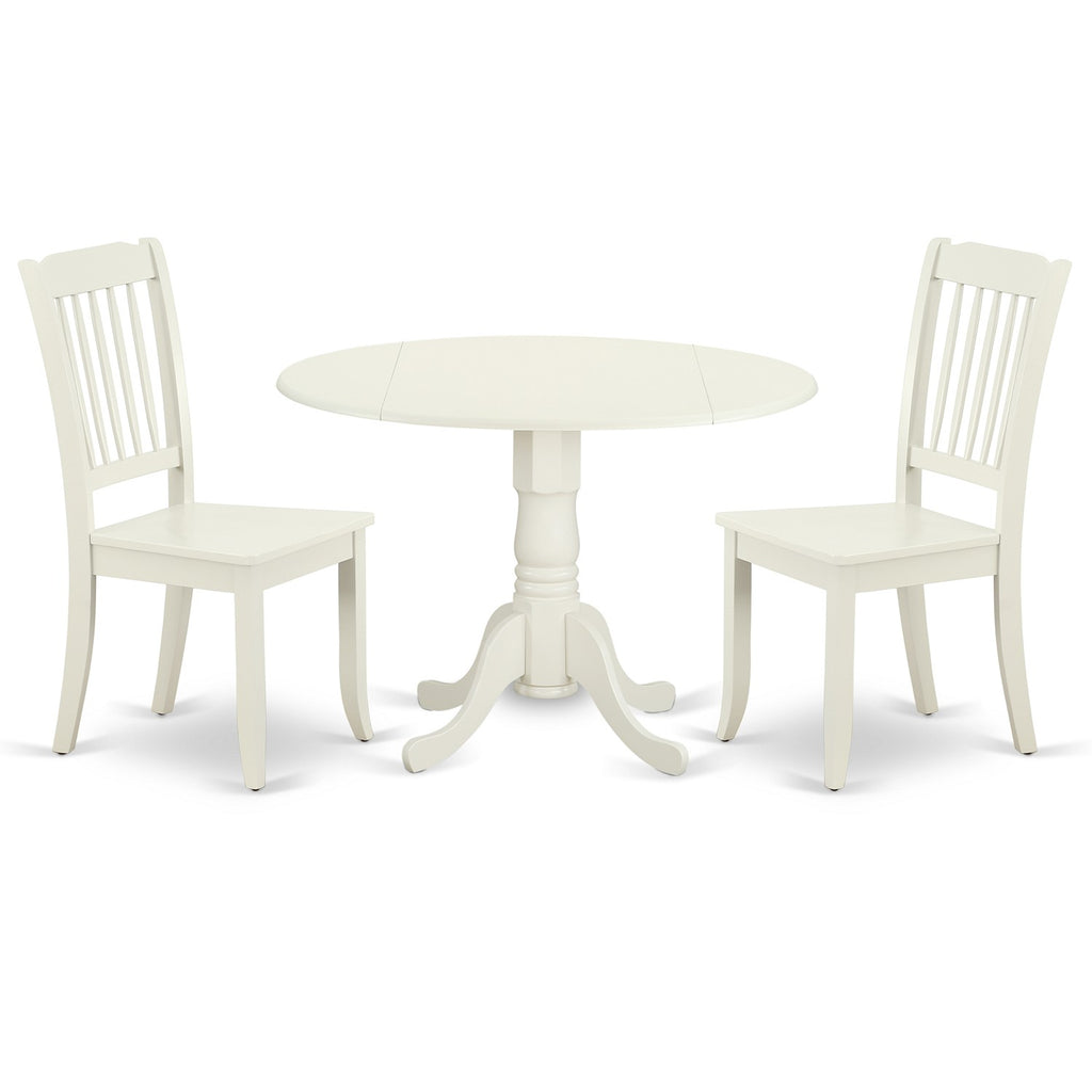 Juego de mesa y sillas de cocina de 3 piezas DLDA3-LWH-W de East West Furniture. Incluye una mesa de comedor redonda con alas abatibles y 2 sillas con asiento de madera maciza.