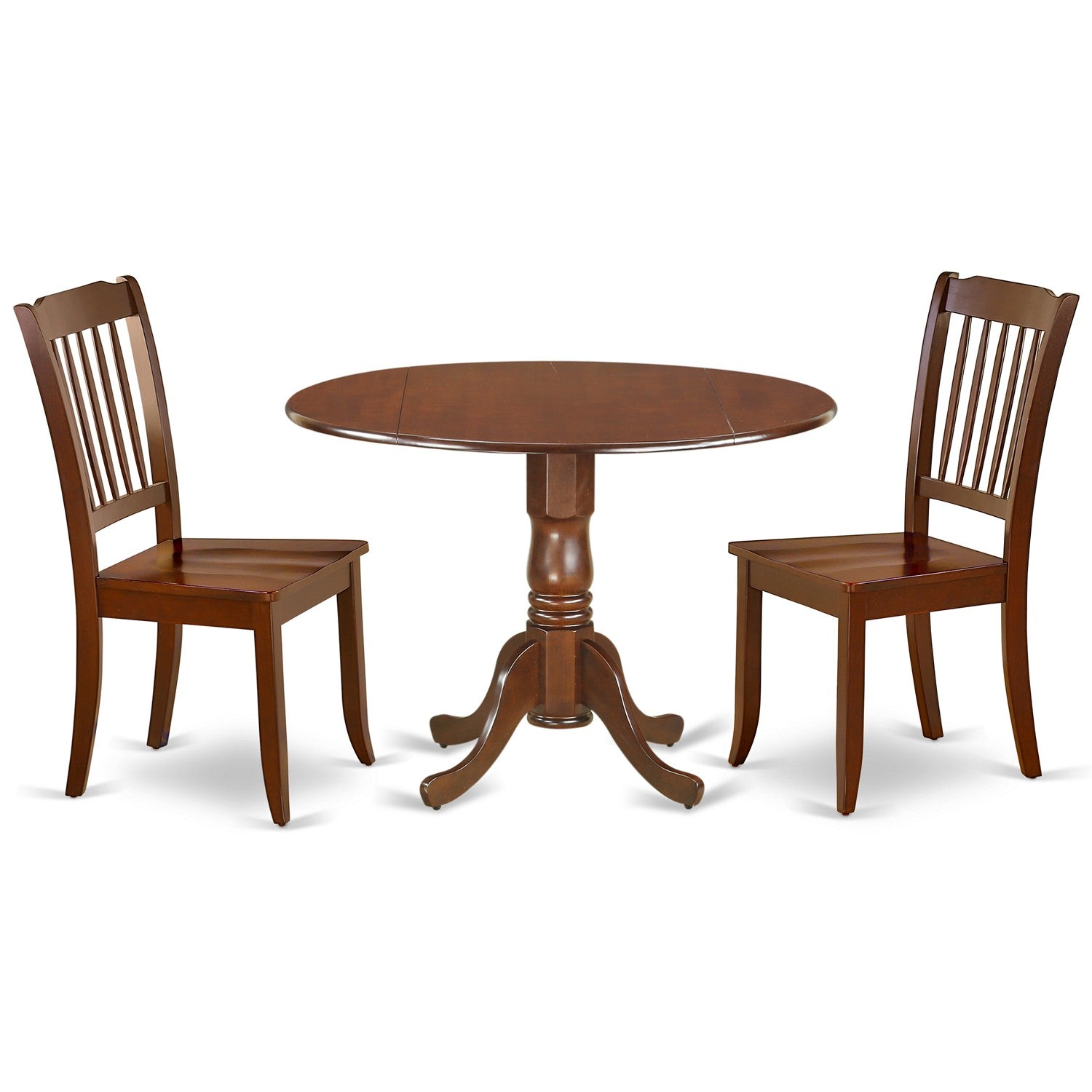 DLDA3-MAH-W 3PC Round 42 inch Table with Two 9-Inch Drop Leaves and 2 vertical slatted Chairs