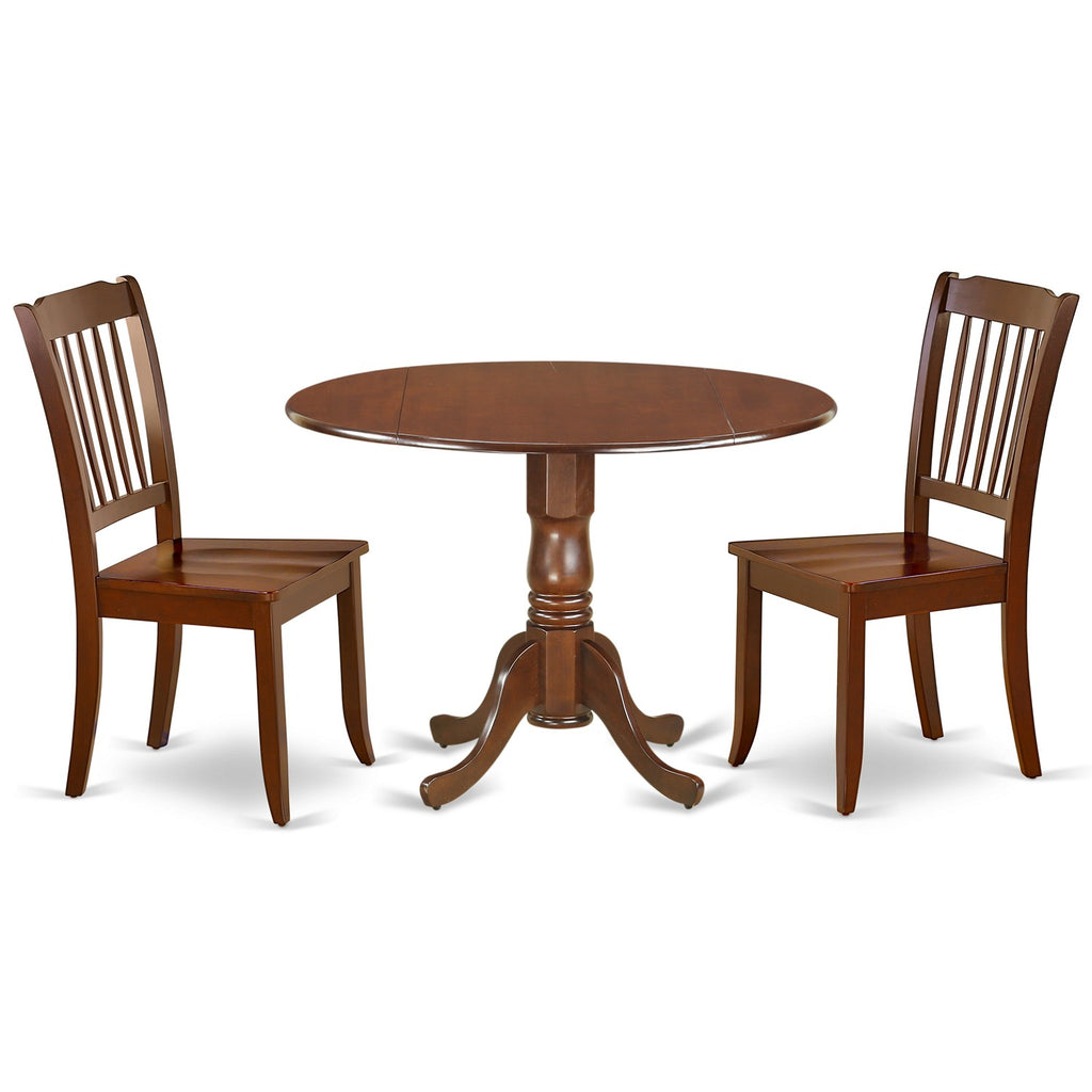 East West Furniture DLDA3-MAH-W 3 Piece Kitchen Table Set for Small Spaces Contains a Round Dining Table with Dropleaf and 2 Dining Room Chairs, 42x42 Inch, Mahogany