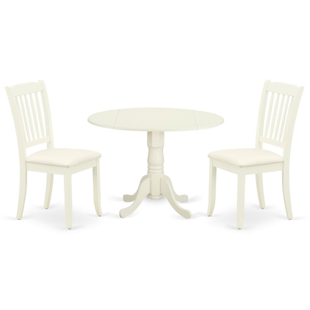 East West Furniture DLDA3-WHI-C 3 Piece Kitchen Table Set for Small Spaces Contains a Round Dining Room Table with Dropleaf and 2 Linen Fabric Upholstered Chairs, 42x42 Inch, Linen White