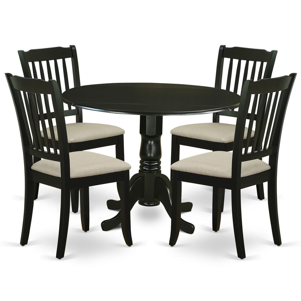 East West Furniture DLDA5-BLK-C 5 Piece Dining Table Set for 4 Includes a Round Kitchen Table with Dropleaf and 4 Linen Fabric Upholstered Dinette Chairs, 42x42 Inch, Black