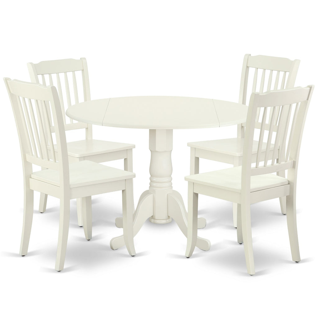 El juego de comedor de 5 piezas East West Furniture DLDA5-LWH-W incluye una mesa de cocina redonda con alas abatibles y 4 sillas de comedor.