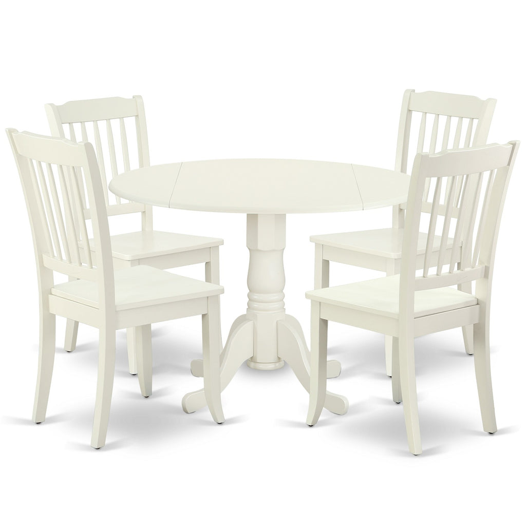East West Furniture DLDA5-LWH-W 5 Piece Dining Room Furniture Set Includes a Round Kitchen Table with Dropleaf and 4 Dining Chairs, 42x42 Inch, Linen White