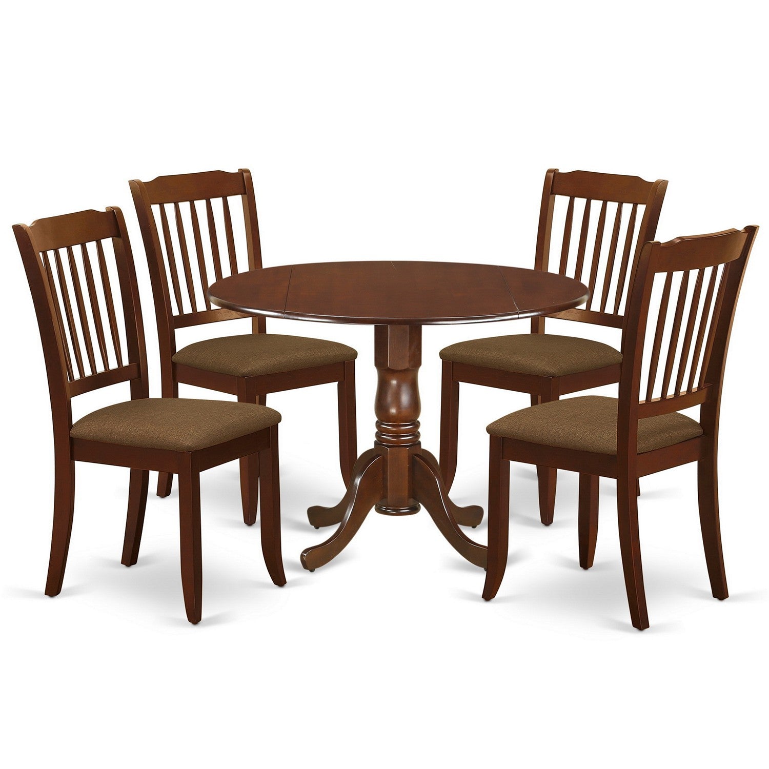 DLDA5-MAH-C 5Pc Dining Set Includes a Round Dinette Table with Drop Leaves and Four Vertical Slatted Linen Seat Kitchen Chairs, Mahogany Finish