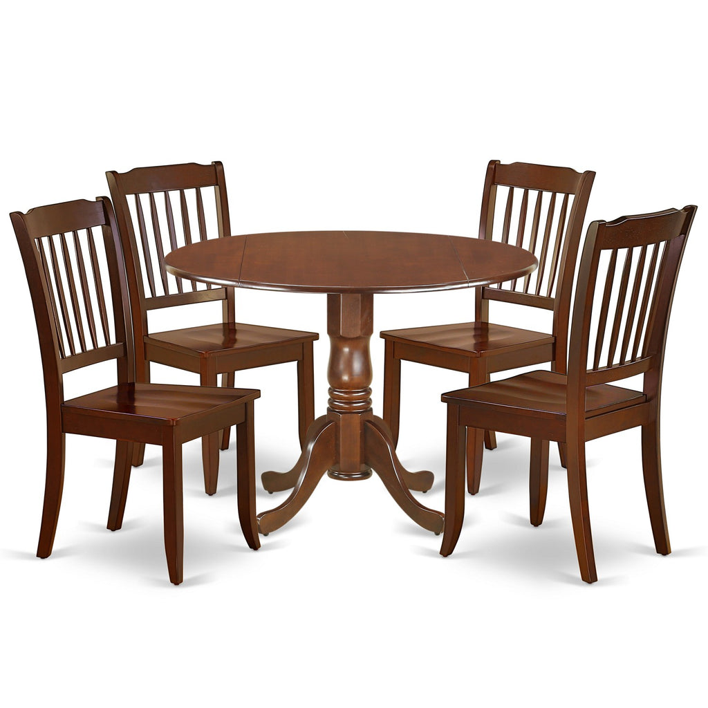 East West Furniture DLDA5-MAH-W 5 Piece Dining Set Includes a Round Dining Room Table with Dropleaf and 4 Wood Seat Chairs