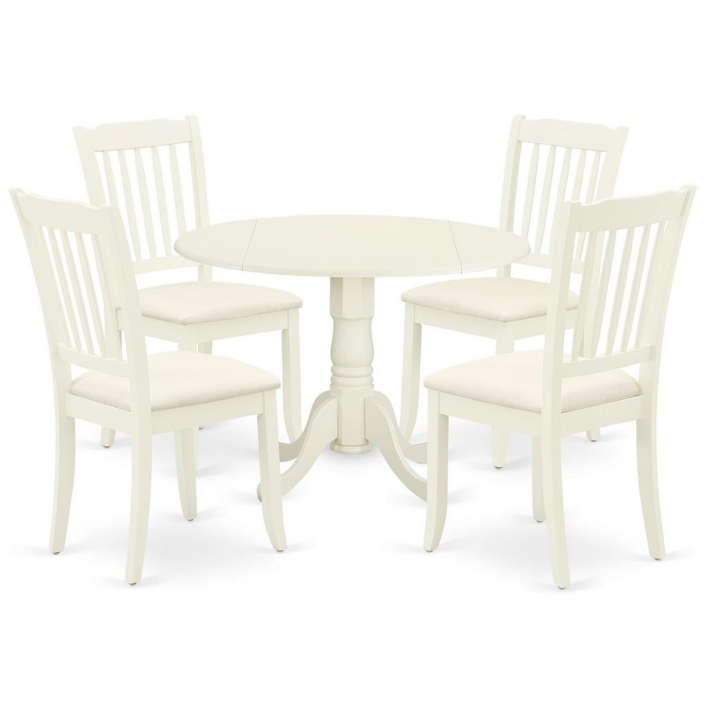 East West Furniture DLDA5-WHI-C 5 Piece Dining Set Includes a Round Dining Room Table with Dropleaf and 4 Linen Fabric Upholstered Chairs, 42x42 Inch, Linen White