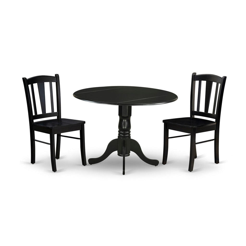 East West Furniture DLDL3-BLK-W 3 Piece Dining Room Furniture Set Contains a Round Kitchen Table with Dropleaf and 2 Dining Chairs, 42x42 Inch, Black