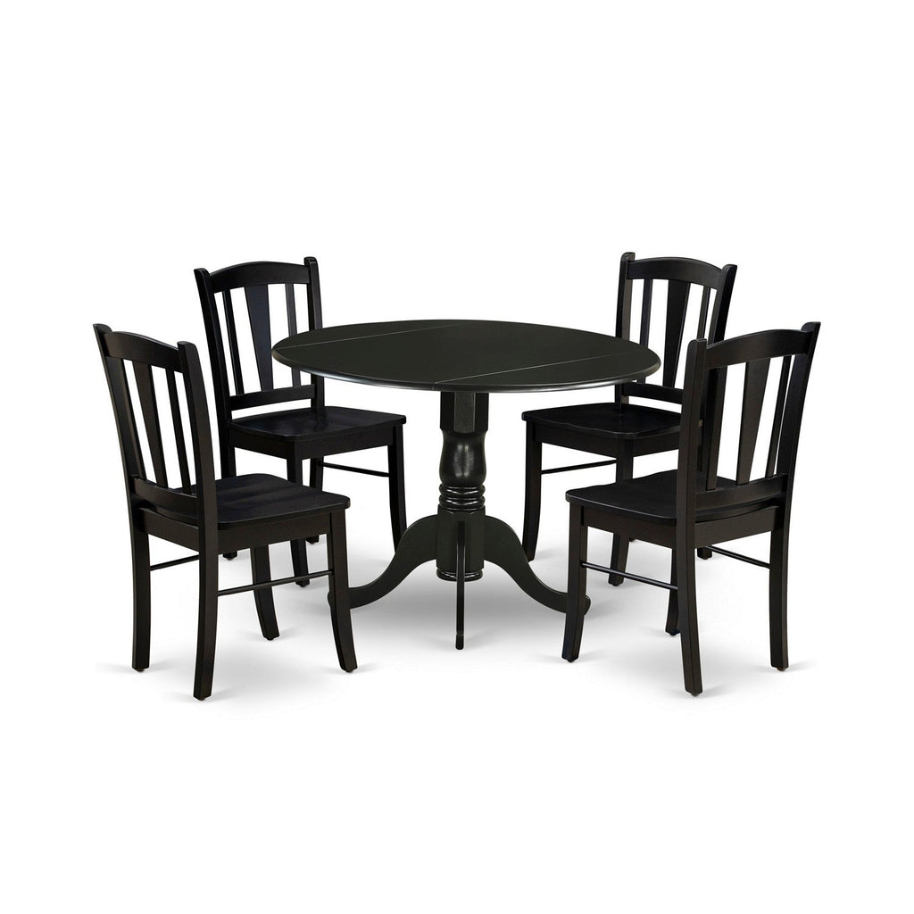 Juego de mesa de cocina de 5 piezas East West Furniture DLDL5-BLK-W para 4 personas. Incluye una mesa de comedor redonda con alas abatibles y 4 sillas de comedor.