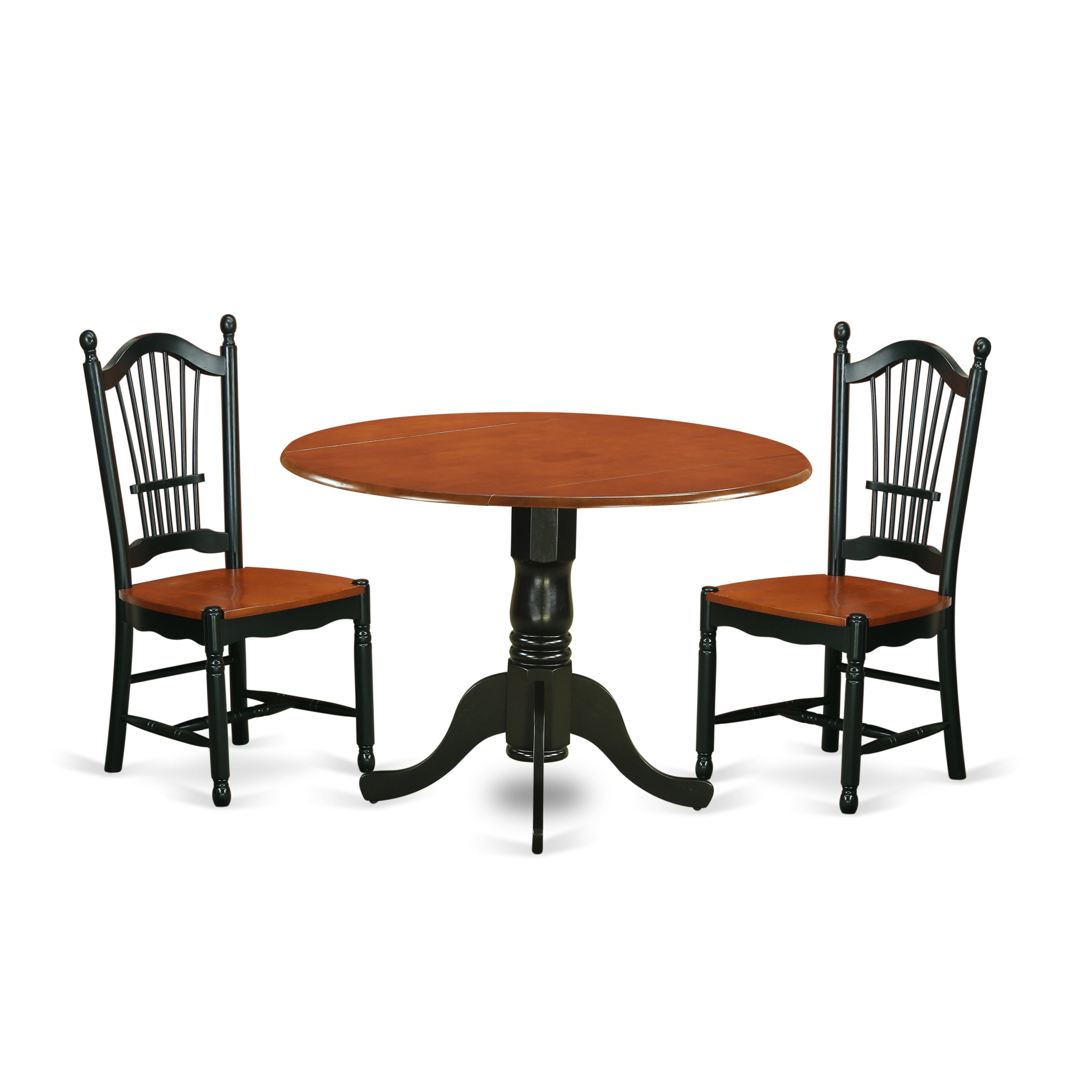 Juego de mesa y sillas de cocina de 3 piezas DLDO3-BCH-W de East West Furniture. Incluye una mesa de comedor redonda con alas abatibles y 2 sillas con asiento de madera maciza.