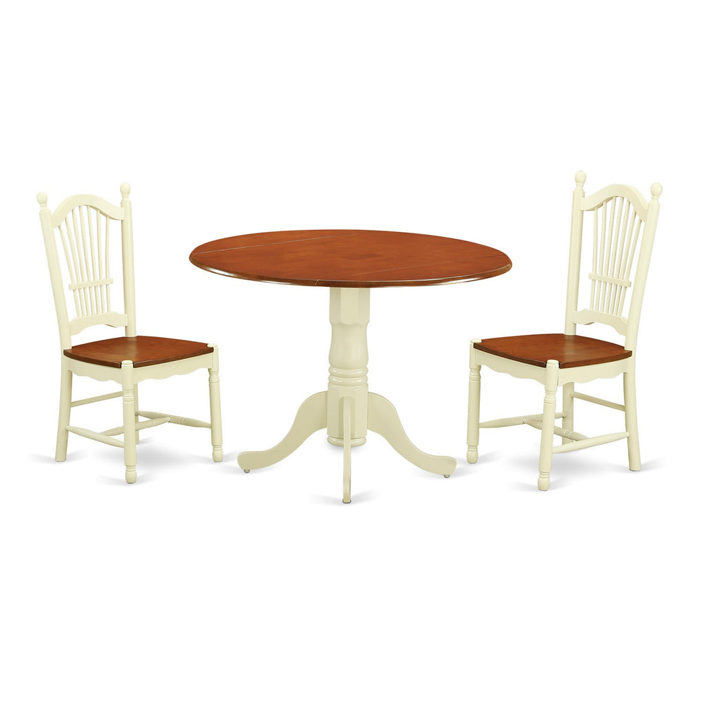Juego de muebles de comedor de 3 piezas DLDO3-BMK-W de East West Furniture. Contiene una mesa de cocina redonda con alas abatibles y 2 sillas de comedor.