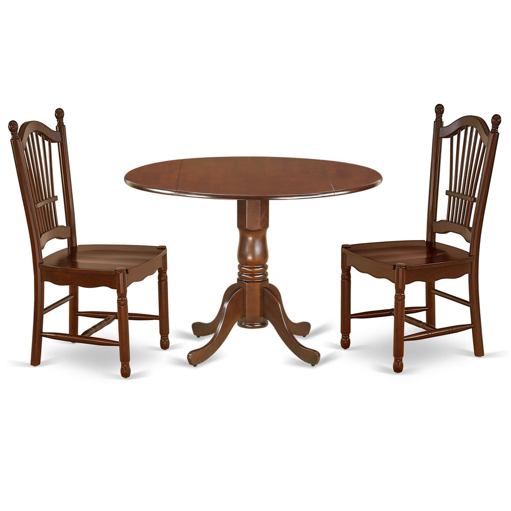 Juego de mesa de comedor de 3 piezas DLDO3-MAH-W de East West Furniture. Contiene una mesa de cocina redonda con alas abatibles y 2 sillas de comedor.