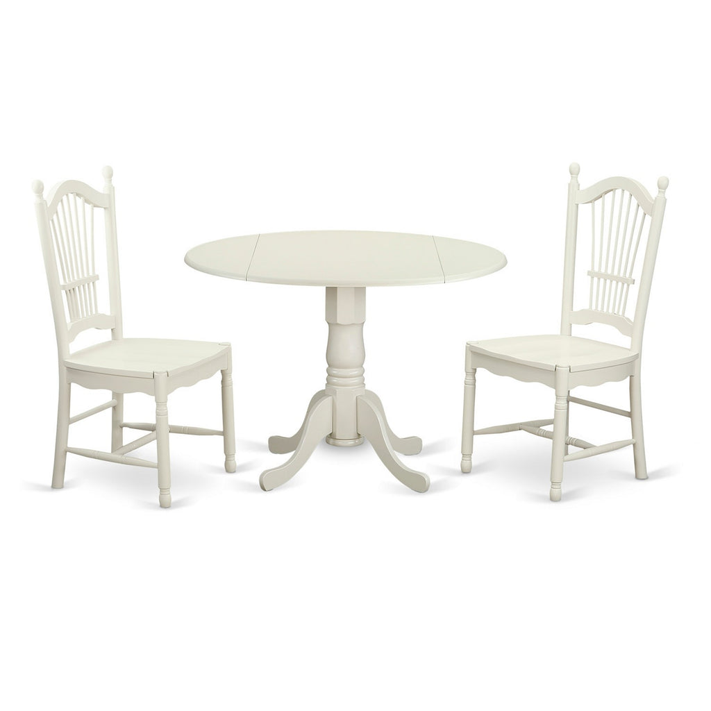 Juego de mesa de comedor de 3 piezas DLDO3-WHI-W de East West Furniture. Contiene una mesa de cocina redonda con alas abatibles y 2 sillas de comedor.