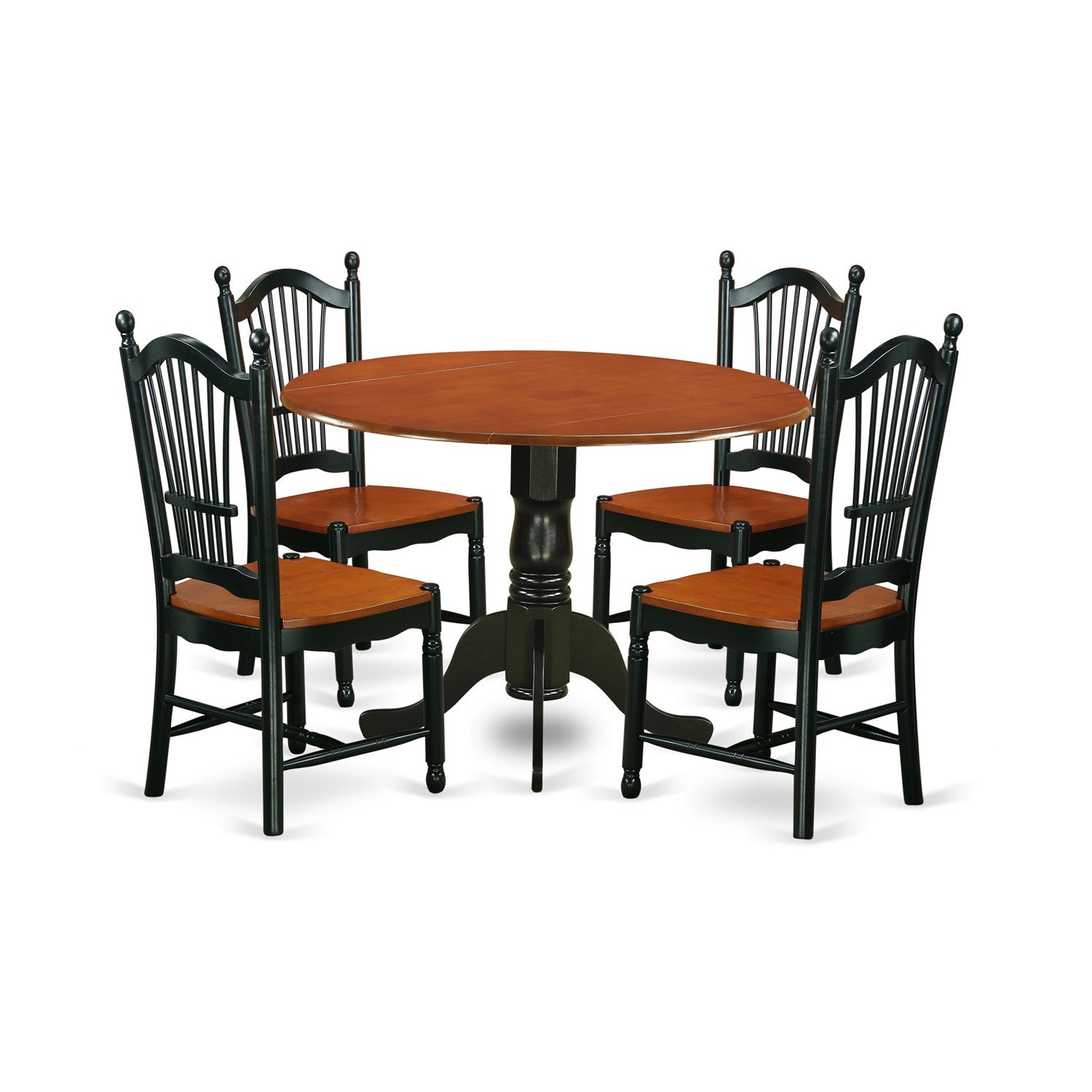 El juego de mesa de comedor moderno de 5 piezas East West Furniture DLDO5-BCH-W incluye una mesa redonda de madera con alas abatibles y 4 sillas de comedor de cocina.