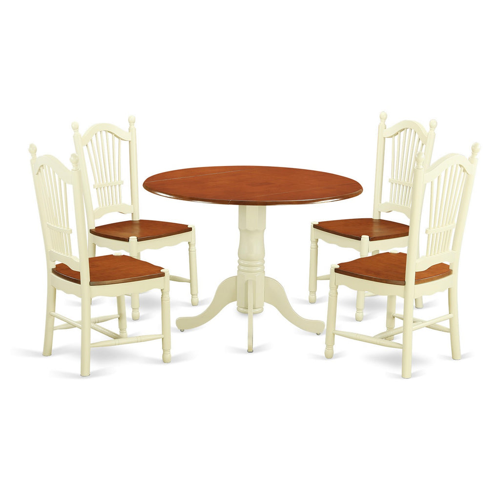 East West Furniture DLDO5-BMK-W 5 Piece Kitchen Table Set for 4 Includes a Round Dining Room Table with Dropleaf and 4 Dining Chairs