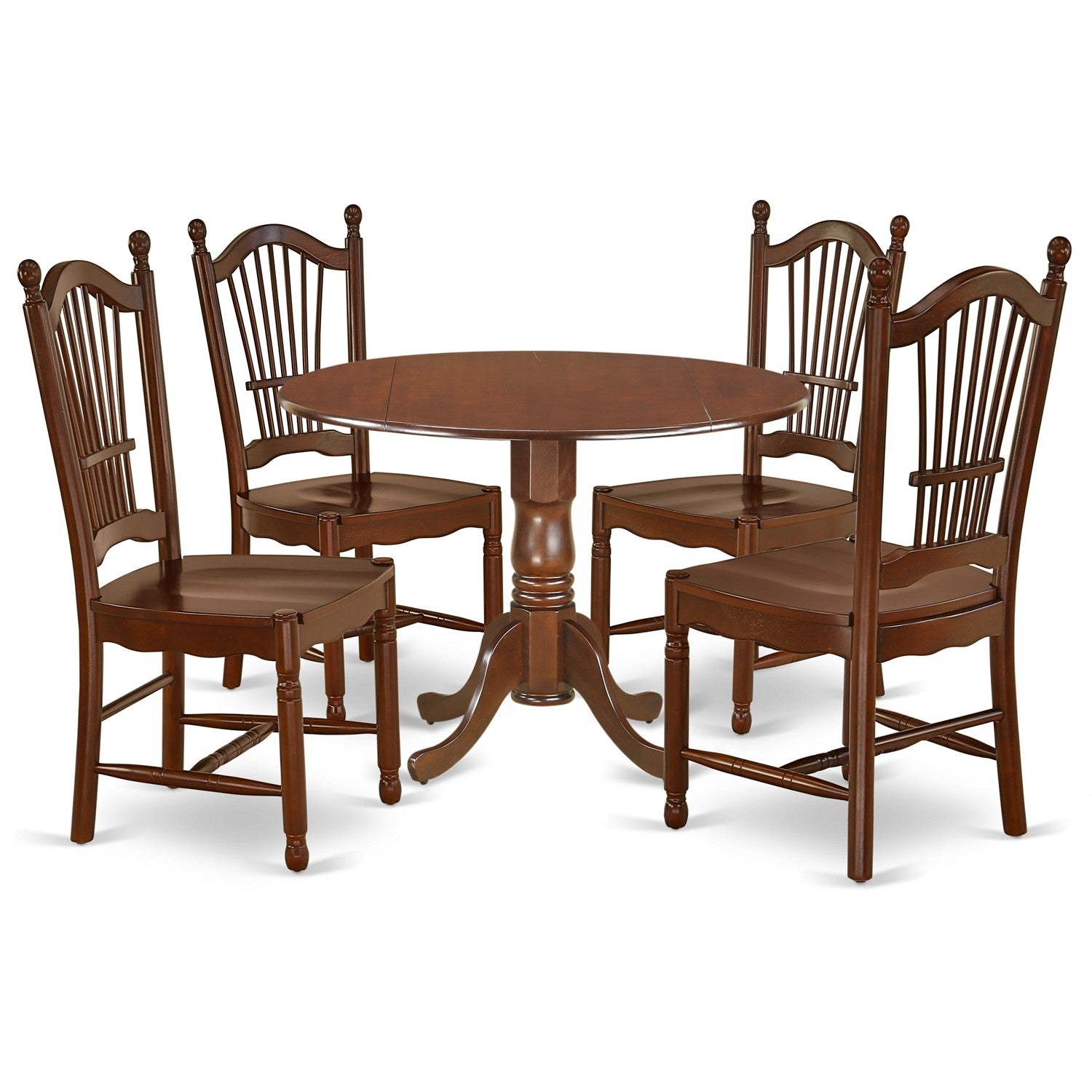 DLDO5-MAH-W 5Pc Rounded 42 Inch Dining Table With Two 9-Inch Drop Leaves And Four Wood Seat Chairs