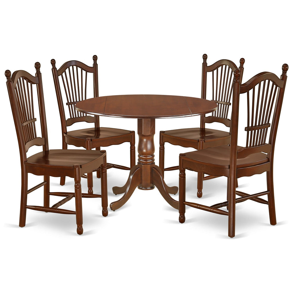 East West Furniture DLDO5-MAH-W 5 Piece Kitchen Table & Chairs Set Includes a Round Dining Room Table with Dropleaf and 4 Dining Chairs