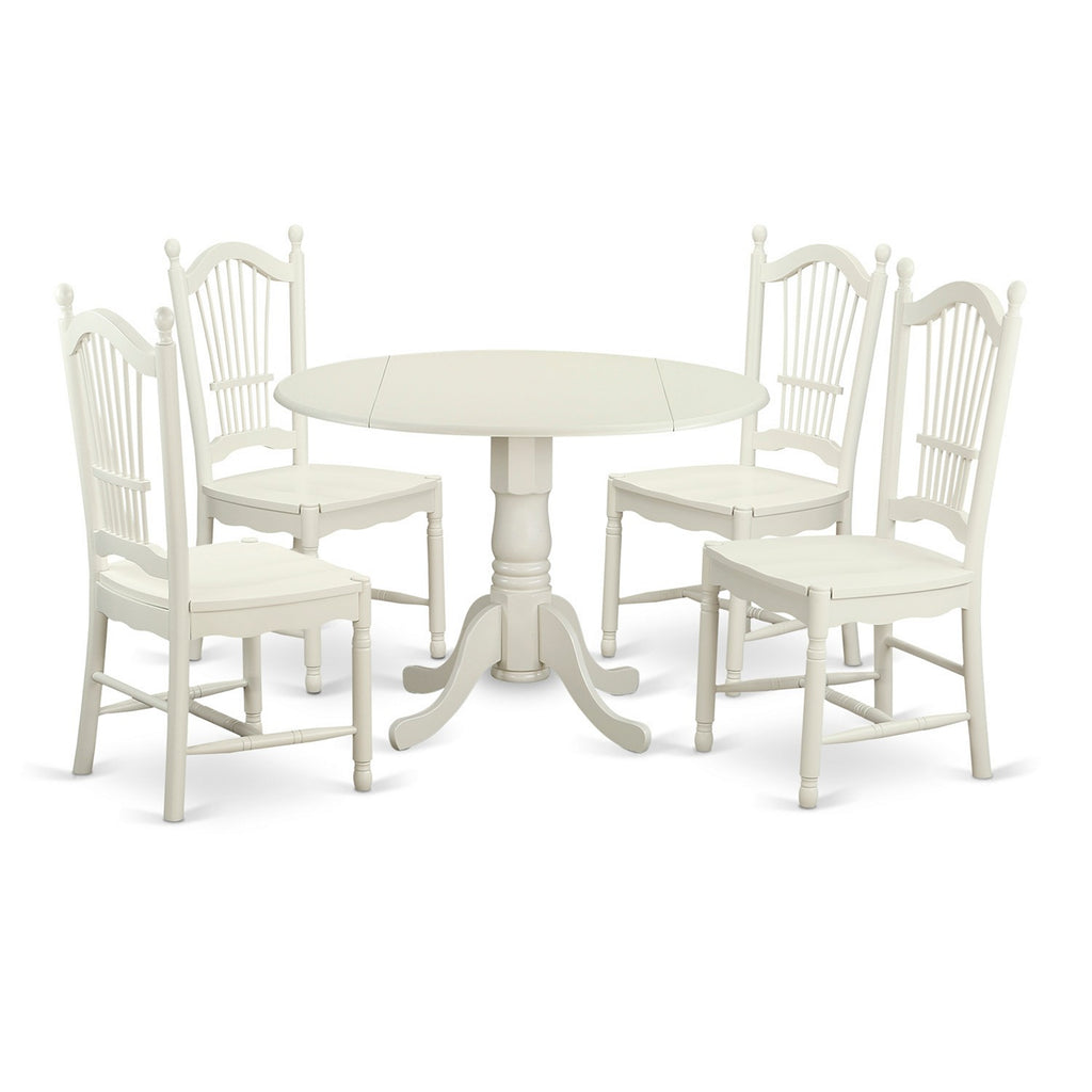 El juego de mesa de comedor de 5 piezas DLDO5-WHI-W de East West Furniture incluye una mesa de cocina redonda con alas abatibles y 4 sillas de comedor.