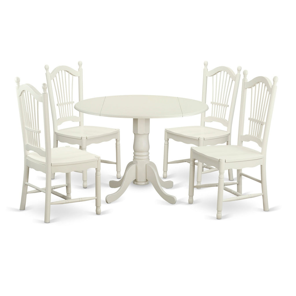 East West Furniture DLDO5-WHI-W 5 Piece Dining Room Table Set Includes a Round Kitchen Table with Dropleaf and 4 Dining Chairs, 42x42 Inch, Linen White